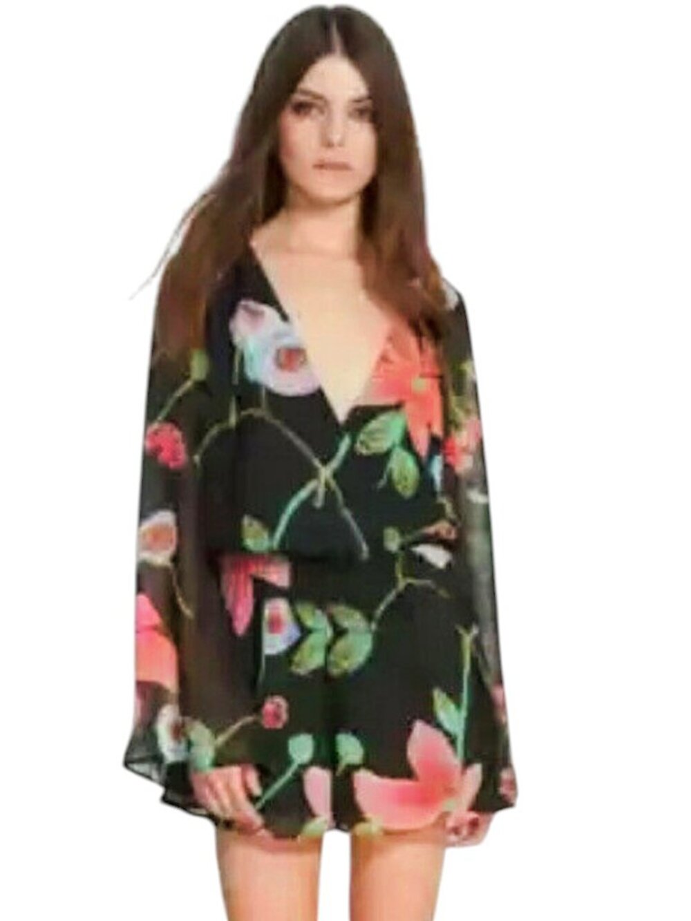 LEITH NORDSTROM CHIFFON BLACK FLORAL ROMPER BELL SLEEVE ROMANTIC BLOOMCORE SMALL